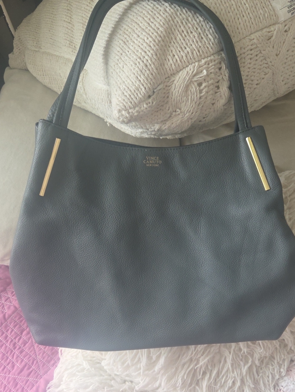 Vince Camuto Black Leather Tote with Gold Accents